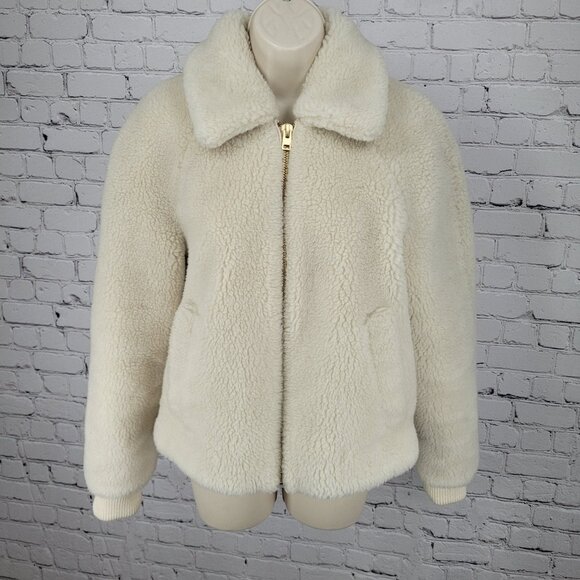 J.CREW Ivory Faux Fur Sherpa Gold Zip Knit Cuff Pockets Jacket Size Small S - Picture 1 of 15